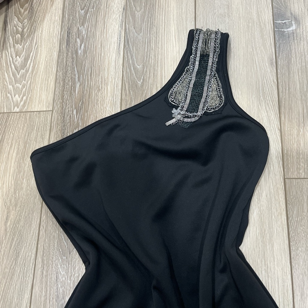Romeo & Juliet Couture Black One-Shoulder Dress with Silver Accents